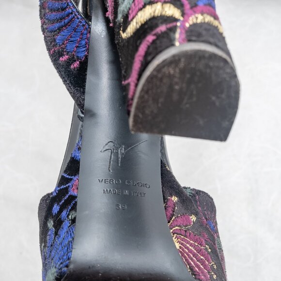 Giuseppe Zanotti Black and Blue Velvet Floral Platform Heels - Picture 9 of 9